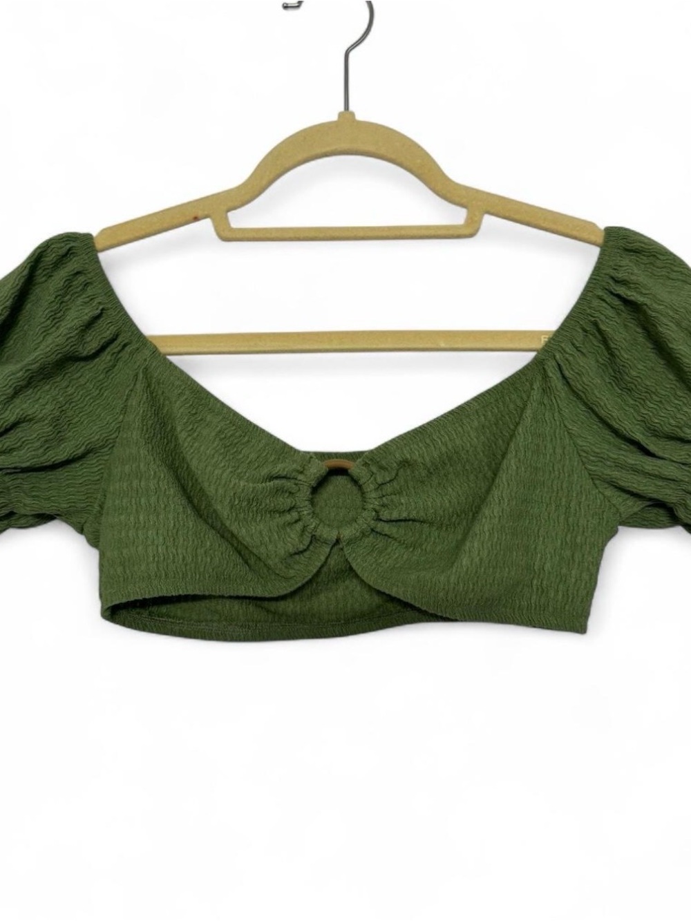 2 PIECE SET: Olive Green Puff-Sleeve Crop Top with Front Ring & Green Wrap Skirt